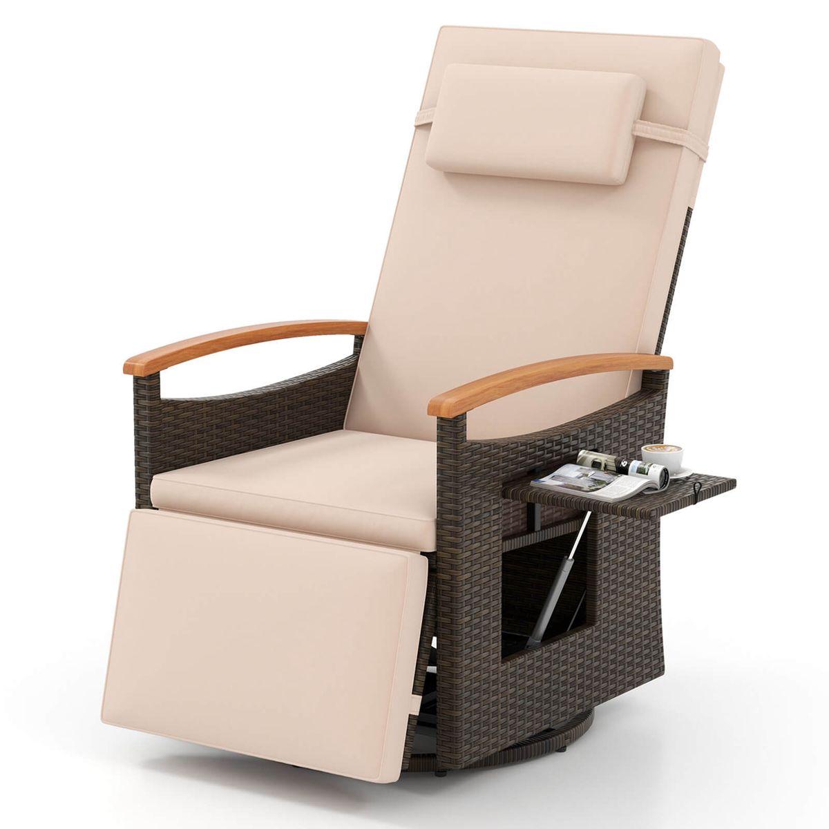 Outdoor 360° Swivel Rattan Recliner Chair - Beige