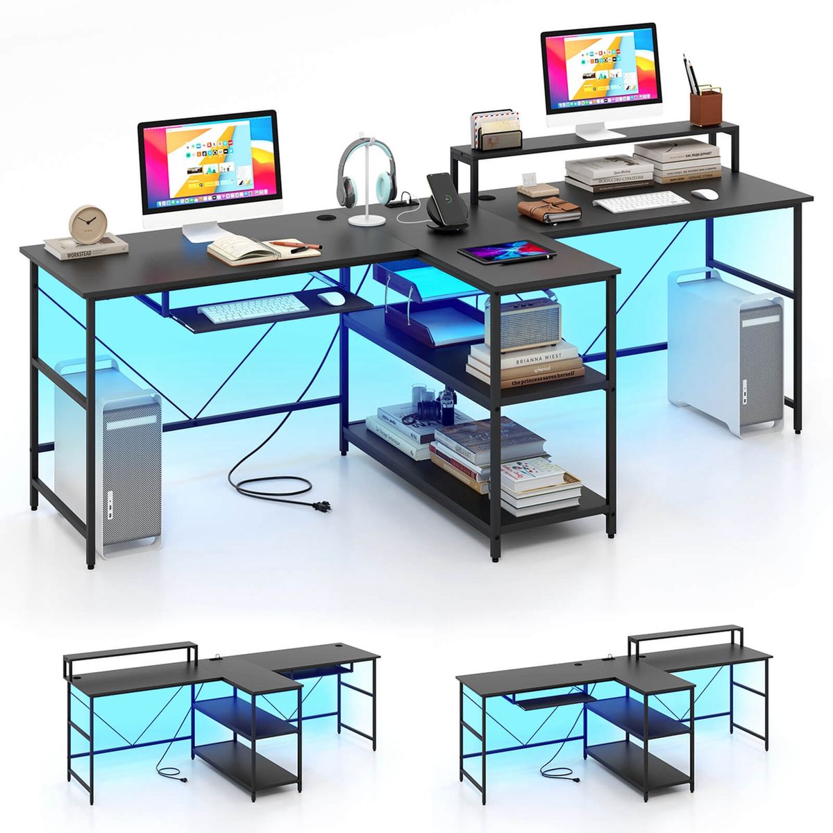 94.5"" 2-Person Reversible Computer/Office Desk with LED Lights - Office Desk-Black