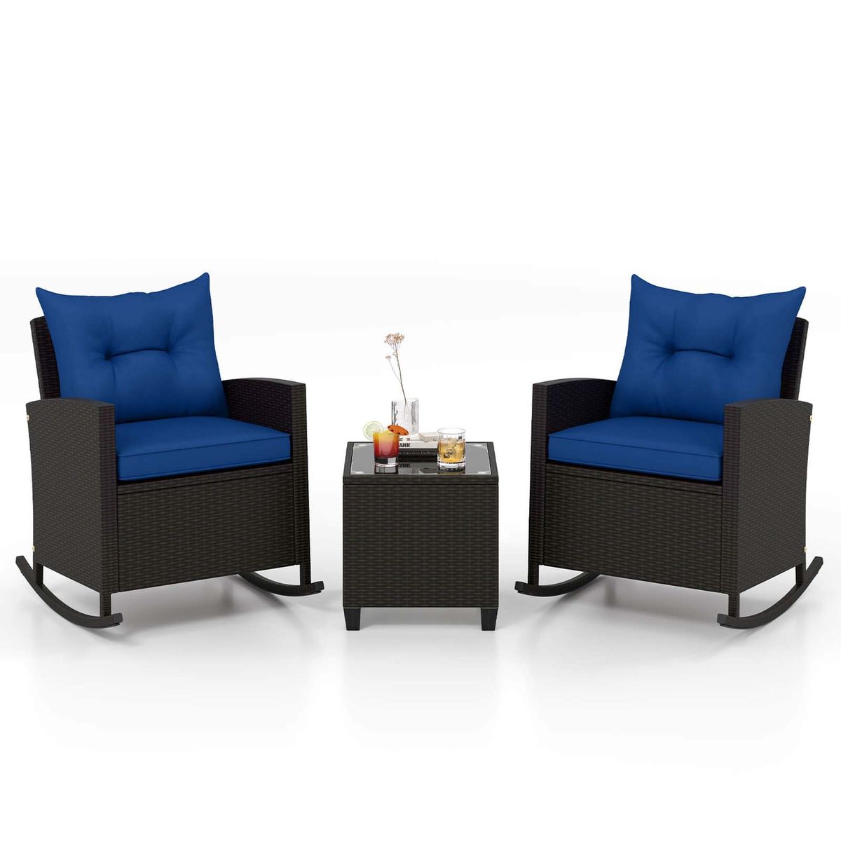 3-Piece Patio Rattan Rocking Chair Set with Tempered Glass Table & Soft Cushions - Rocking Set -Navy