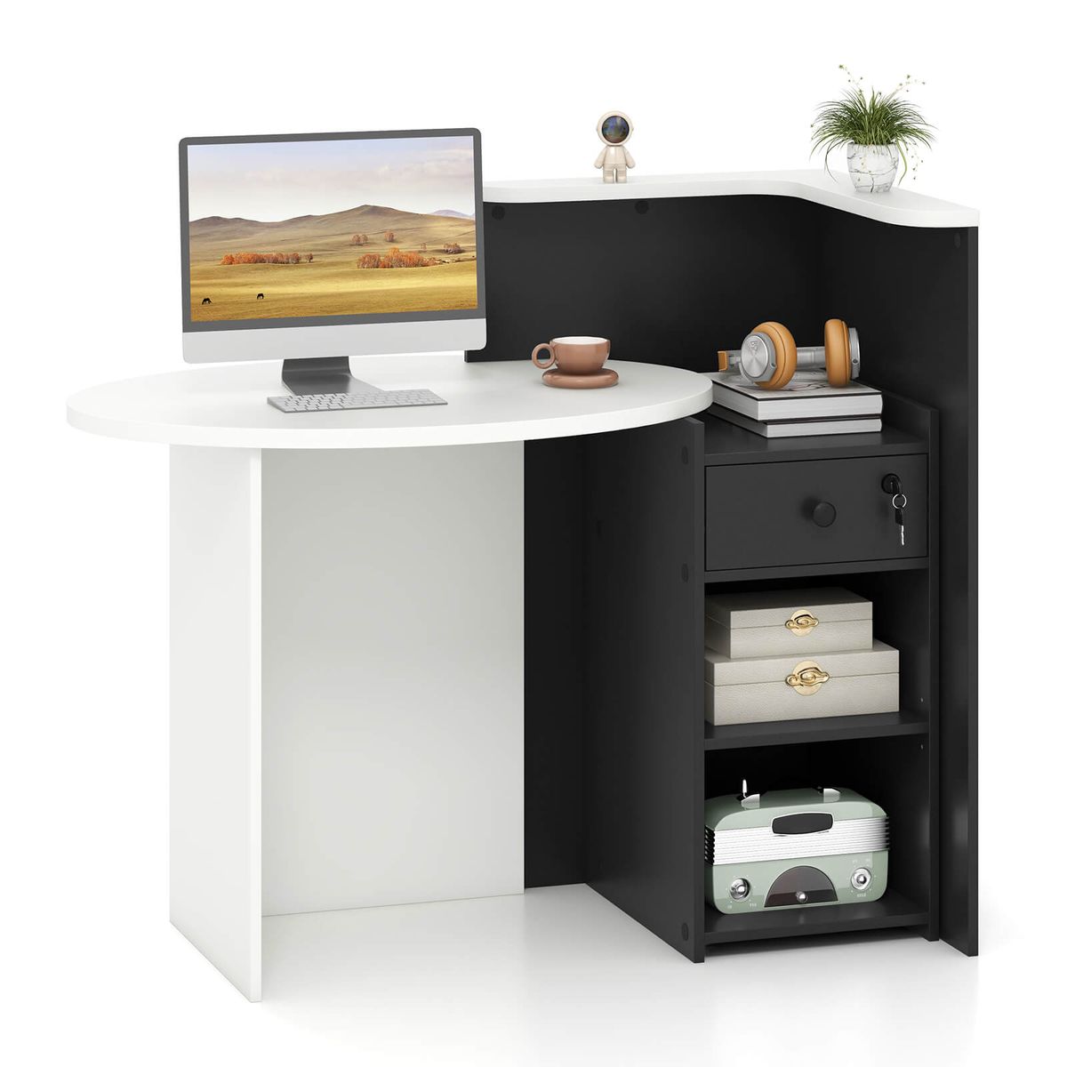 Counter Desk with Side Shelves  - White table and Black shelf