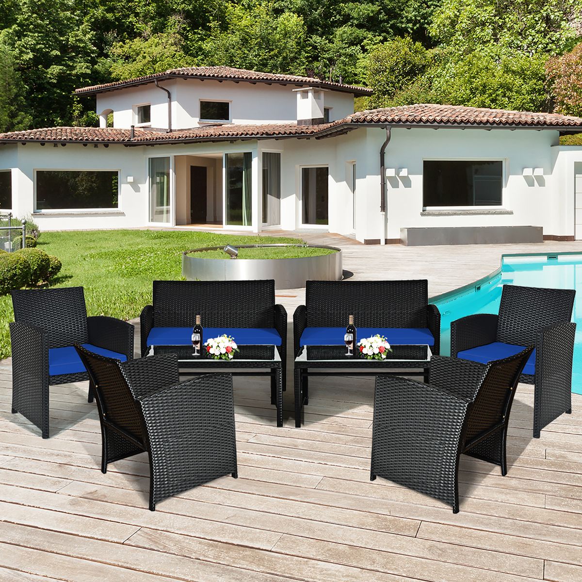 8-Piece Patio Rattan Furniture Set with Tempered Glass and Foot Pads - Navy