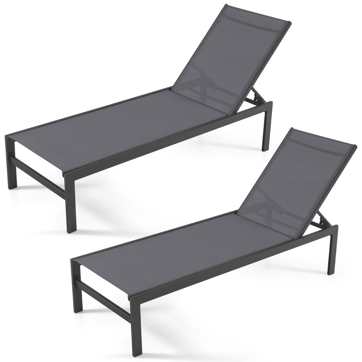 6-Position Chaise Lounge Chair with Rustproof Aluminum Frame (1 or 2-Pack) - 2pcs Lounge Chair -Gray