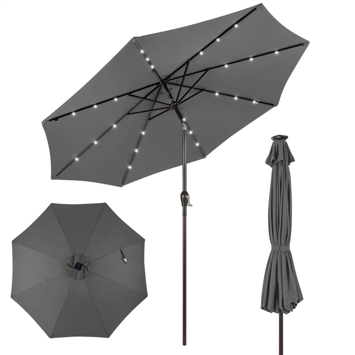 10-Foot Outdoor Patio Umbrella with Bright Solar LED Lights - Lighted Patio Umbrella-Grey