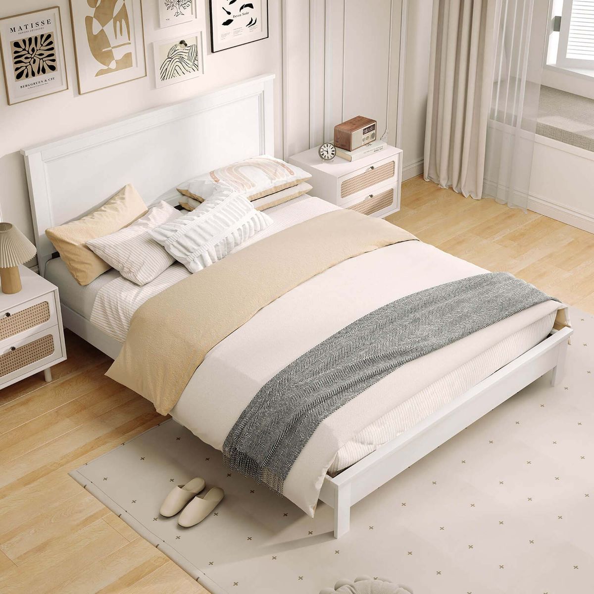 Bed Frame Platform with Slat High and Headboard - Bed Frame-Queen