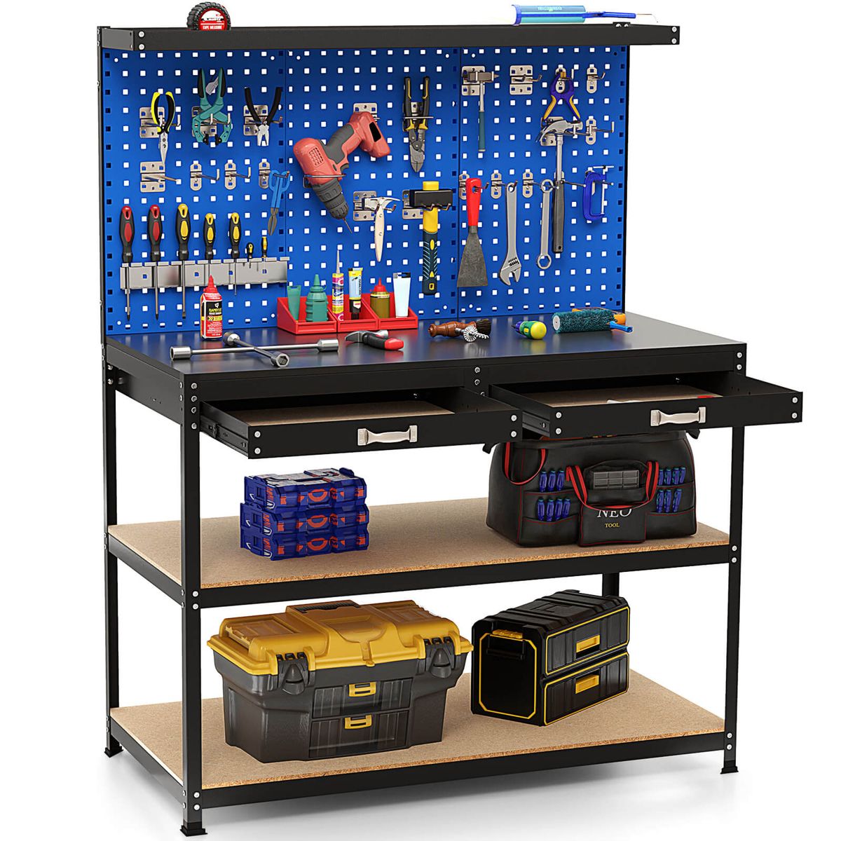 48 x 24-Inch Workbench Work Table with 3-Piece Pegboard, Drawers, & Shelves - WorkTable -Navy