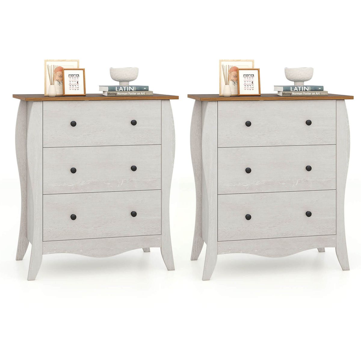 30" Farmhouse Side Table with Drawers - Gray + Brown- 2 Pieces
