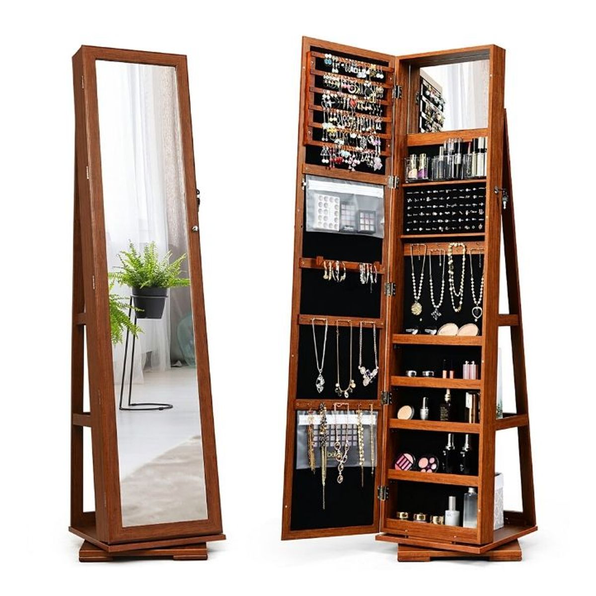 2-in-1 Lockable Mirrored 360&deg; Rotating Jewelry Armoire - Brown