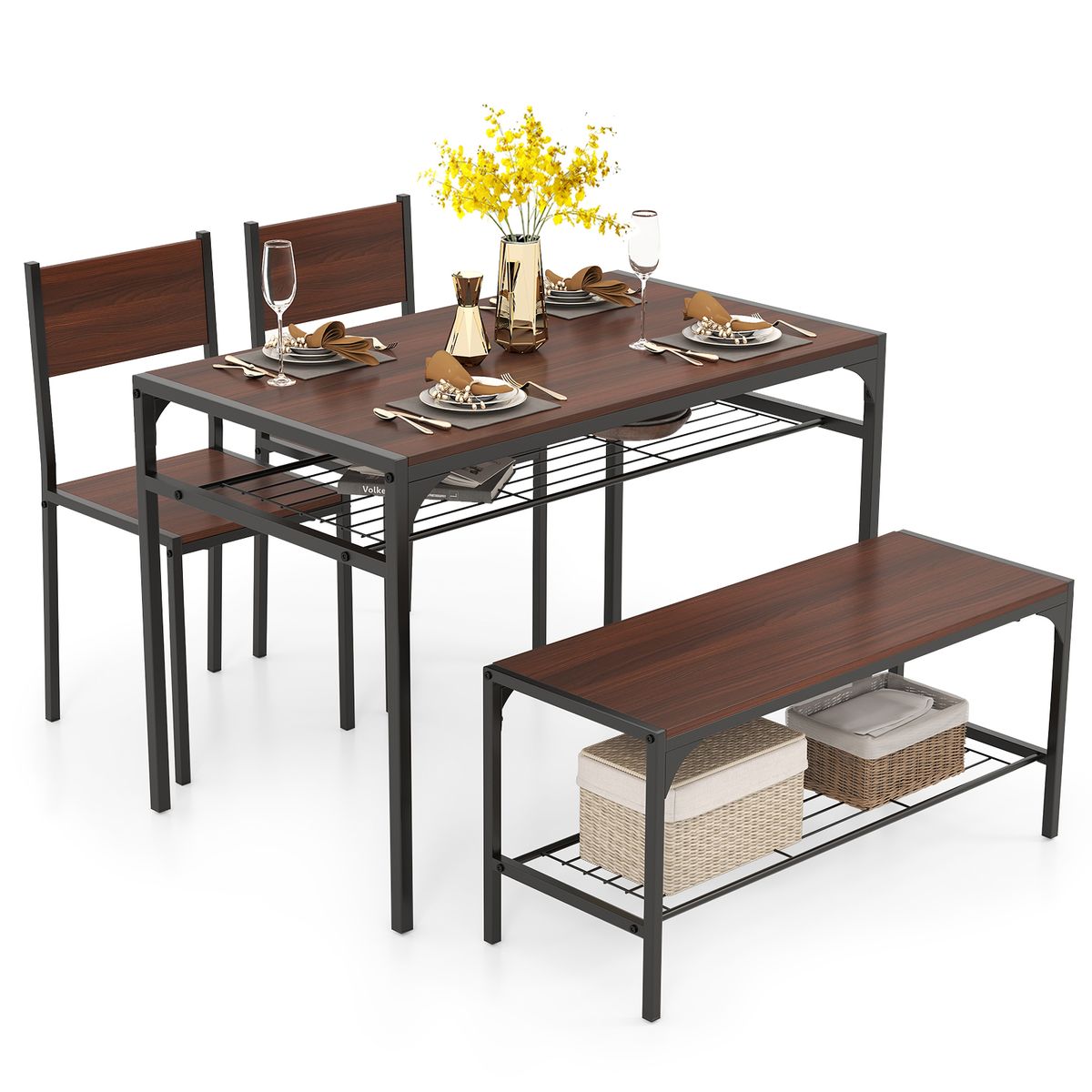 Set for 4 Rectangular Dining Table with Chairs and Bench - Dining Table Brown