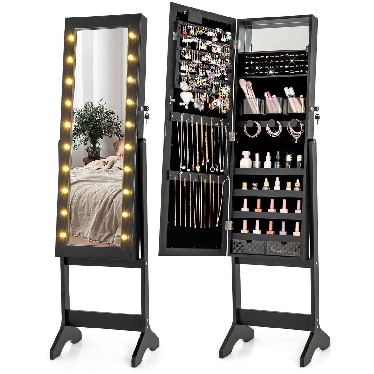 Full-Length Mirrored Jewelry Cabinet with LED Lights - Jewelry Cabinet -Black