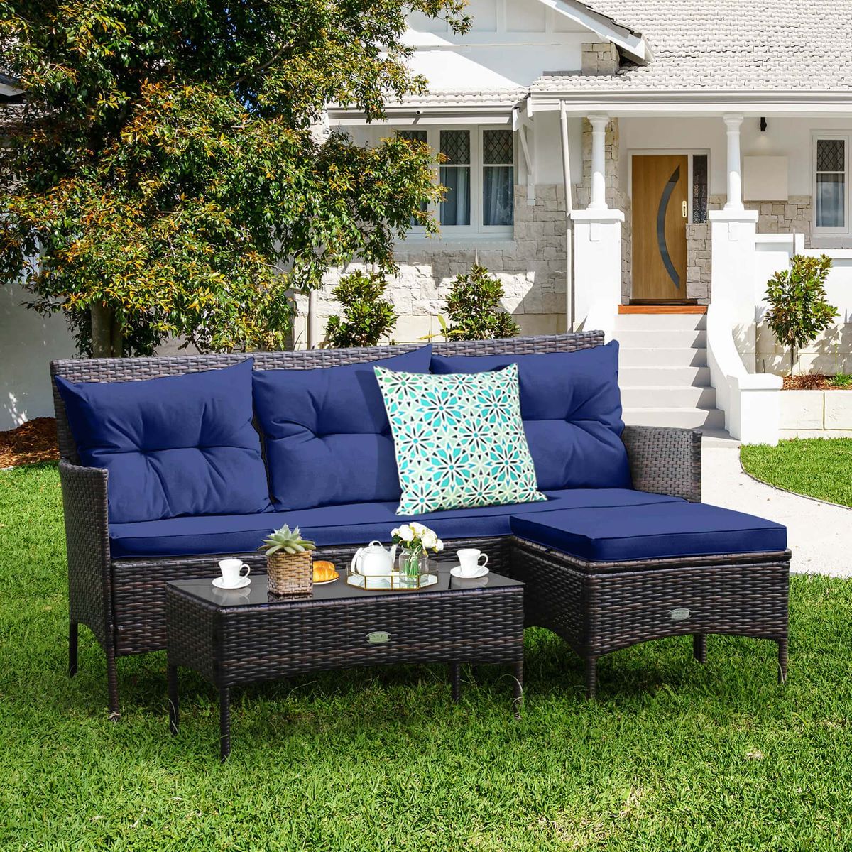 3-Piece Patio Rattan Furniture Set - Navy