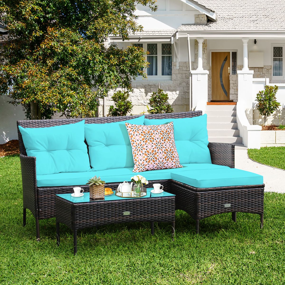 3-Piece  Patio Rattan Furniture Set  - Turqouise