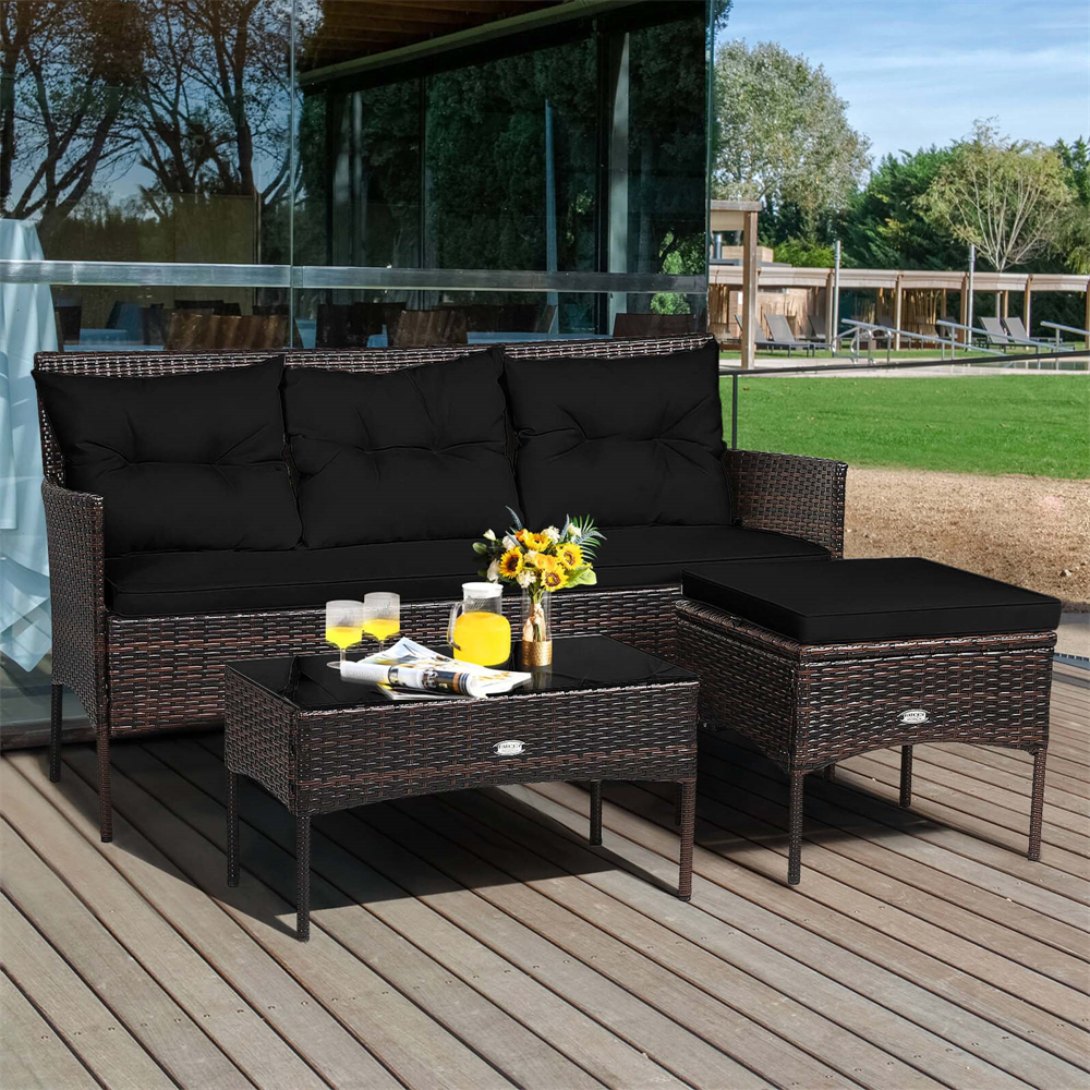 3-Piece Patio Rattan Furniture Set - Black