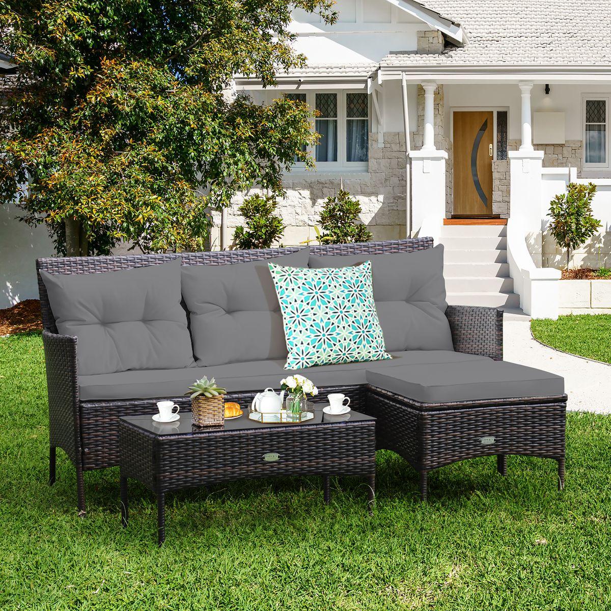 3-Piece Patio Rattan Furniture Set - Gray