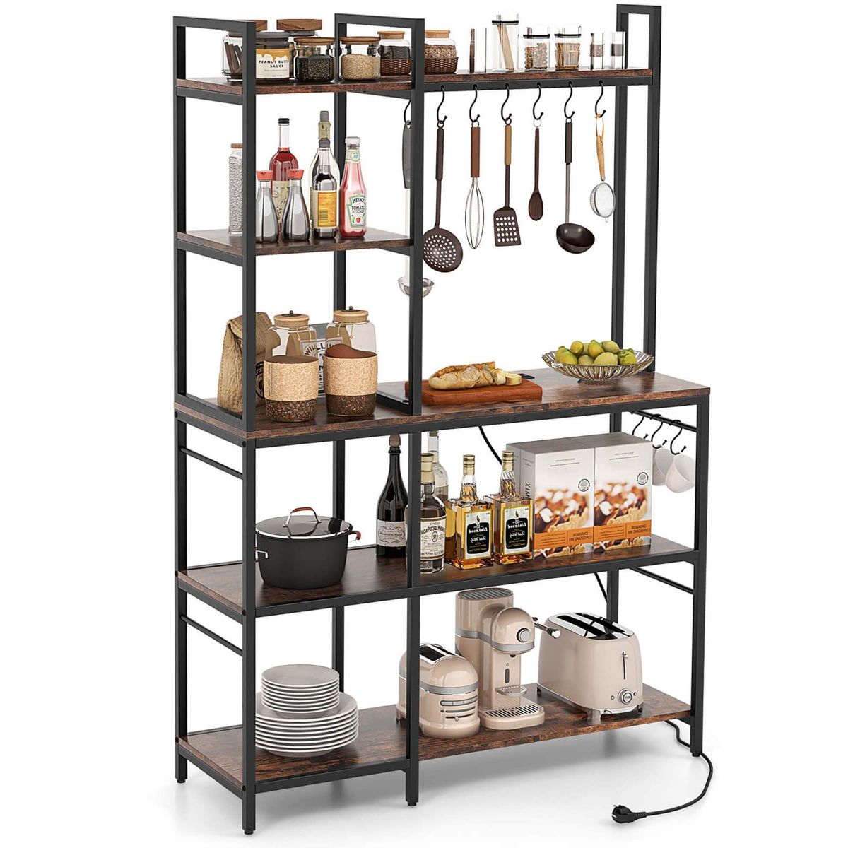 5-Tier Bakers' Rack with Power Outlets and 10 S-Shaped Hooks - Brown