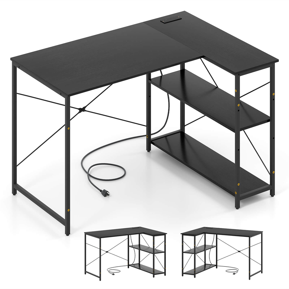 L-Shaped Computer Desk with Power Outlets and Removable Shelf - Computer Desk-Black