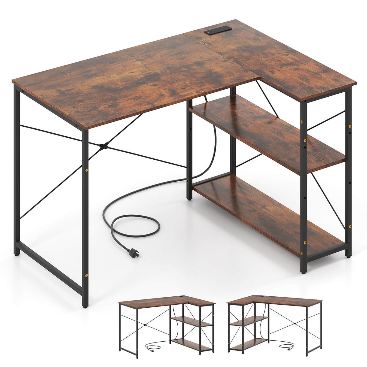 L-Shaped Computer Desk with Power Outlets and Removable Shelf - Computer Desk-Brown