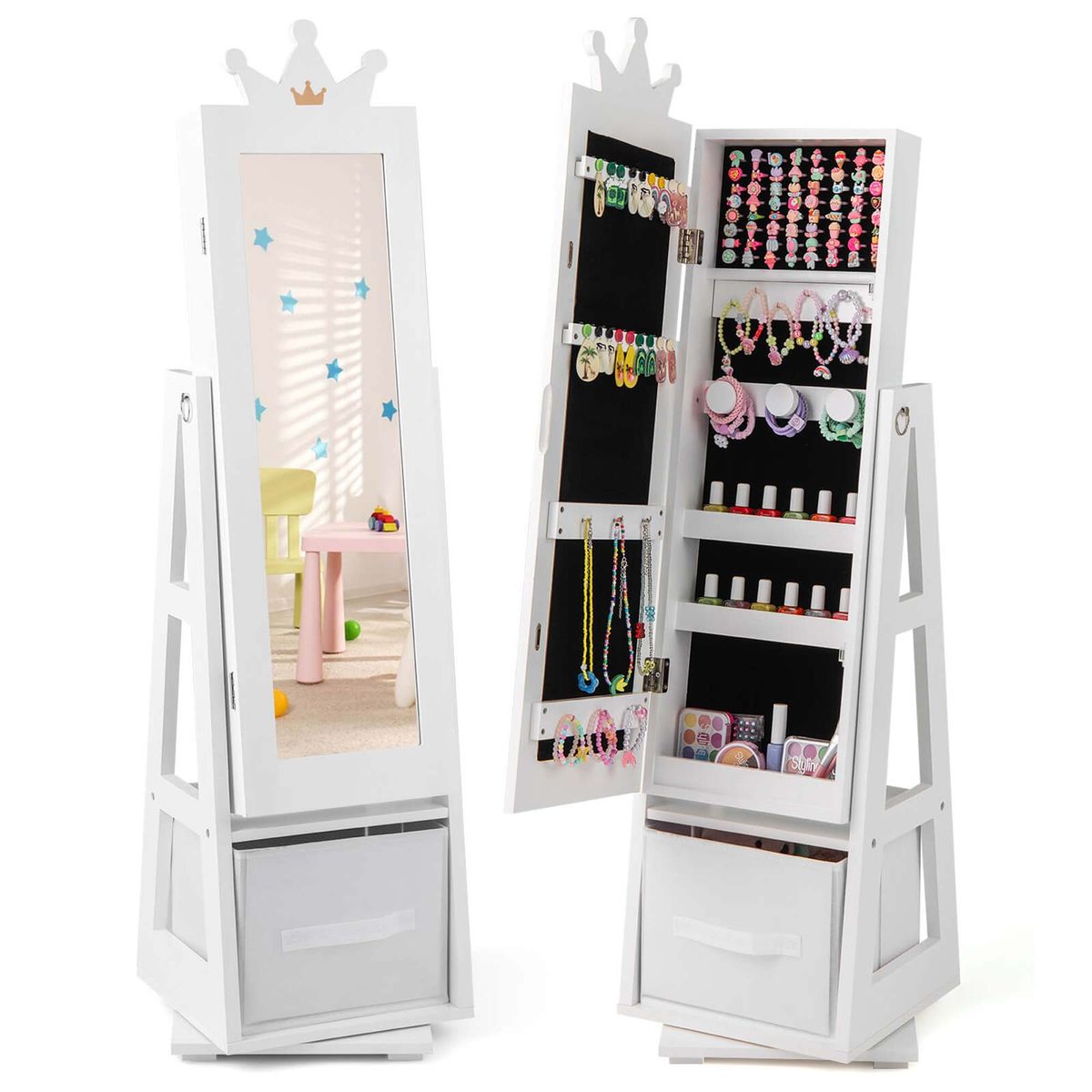 Kids' Jewelry Armoire Cabinet with Large Storage Capacity & Swivel Base - Kids Jewelry -white