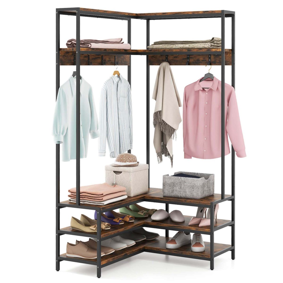 Corner Garment Rack with Open Shelves and 7 Hooks & Shoe Bench - Clothes Rack-Brown