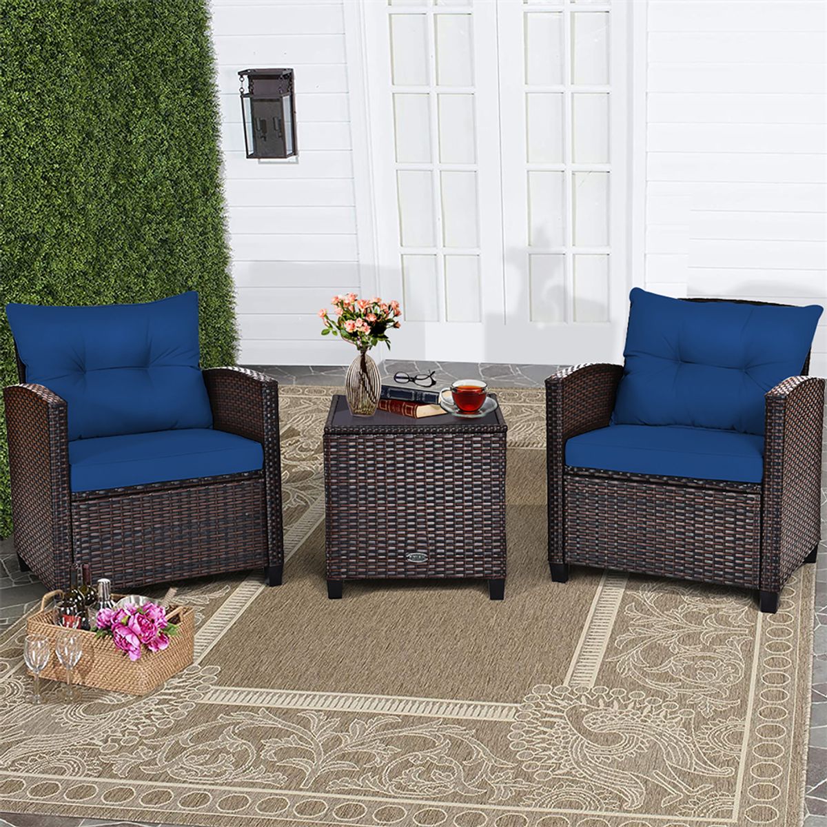 3-Piece Rattan Patio Furniture Set with Large Cushions - Furniture Set 3PCS-Blue