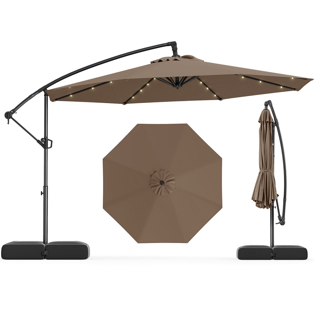 10-foot Offset Hanging Umbrella with Base (With or Without Lights) - Patio Umbrella-Brown with Lights