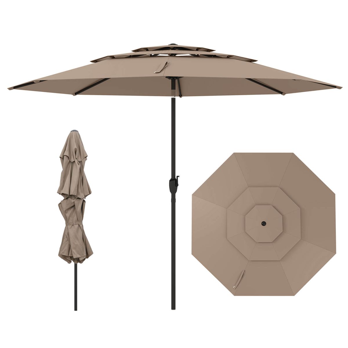 10-Foot 3-Tier Outdoor Vented Patio Umbrella - Patio Umbrella-Brwon