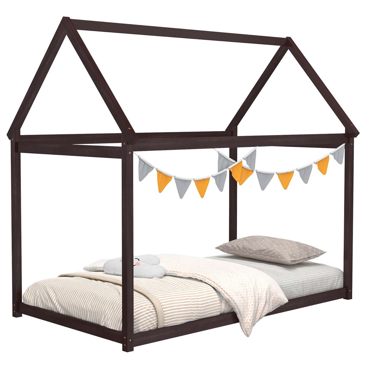 Wood-Frame House Bed for Kids  - Brown
