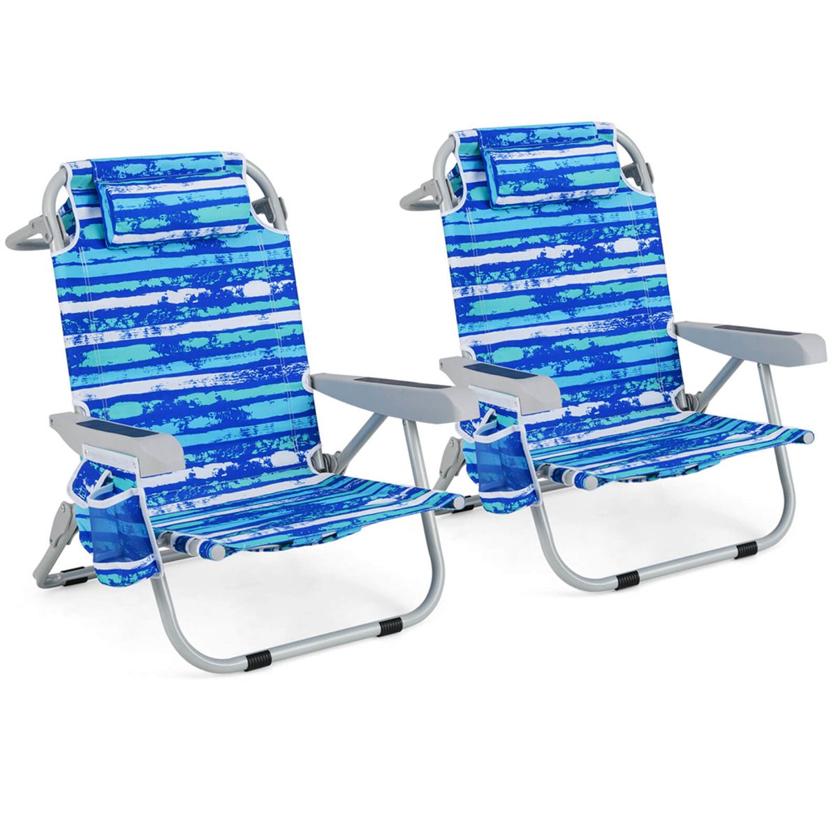 Foldable Backpack Beach Chair with Cup Holder & Storage Pockets (1 or 2-Pack) - 2pcs Folding Chair-Navy