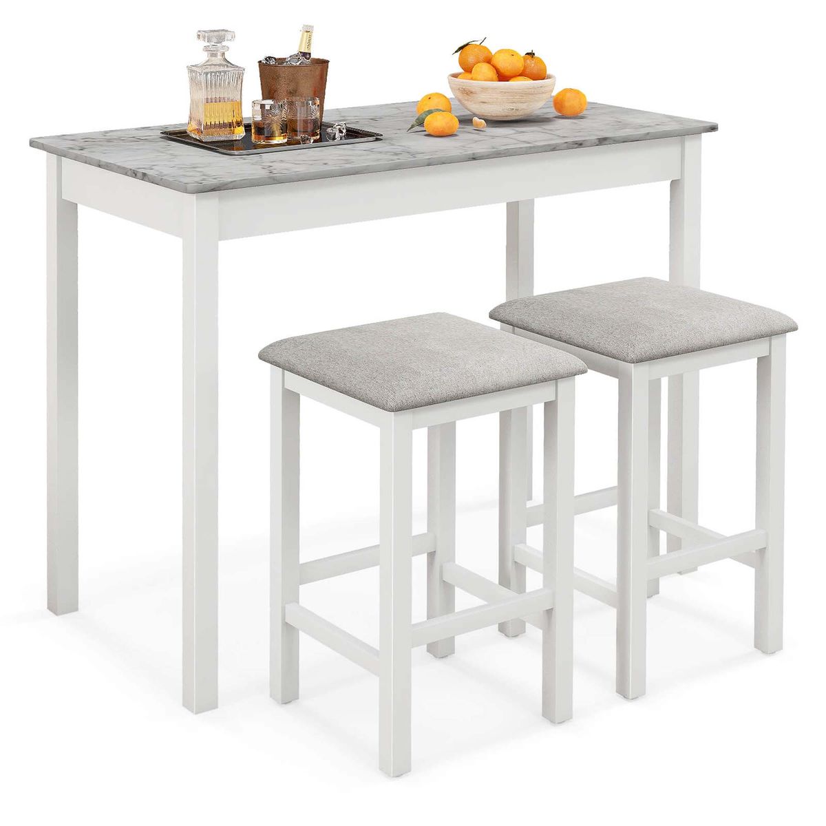 3-piece Bar Table Dining Set and Bar Stools - White+Grey