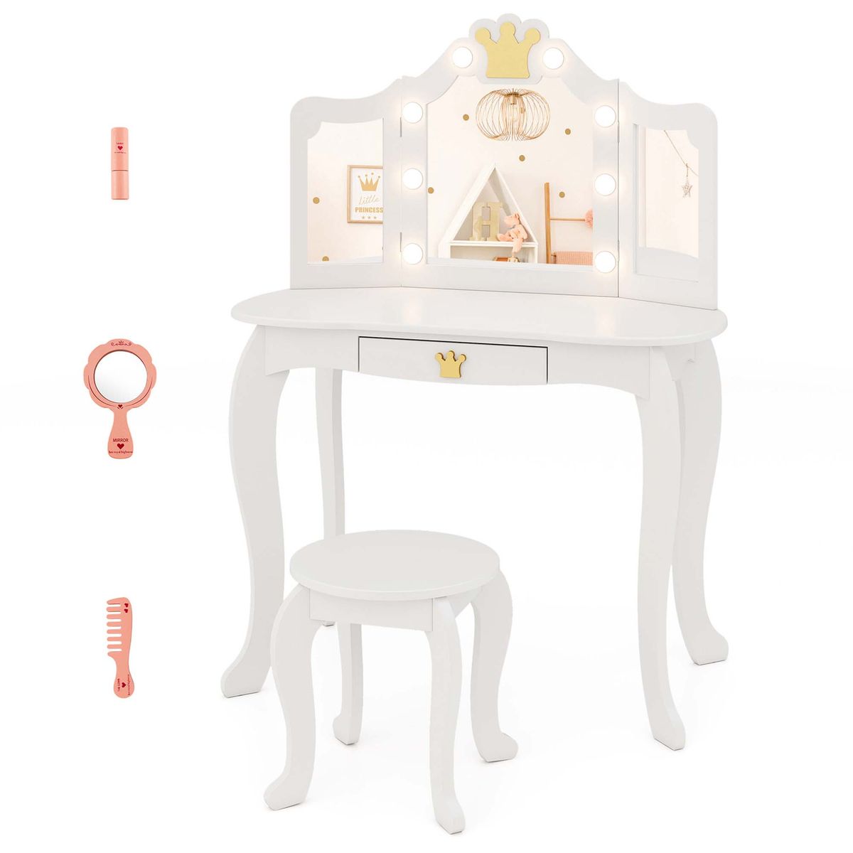 Kids Lighted Princess Vanity Table and Chair - White