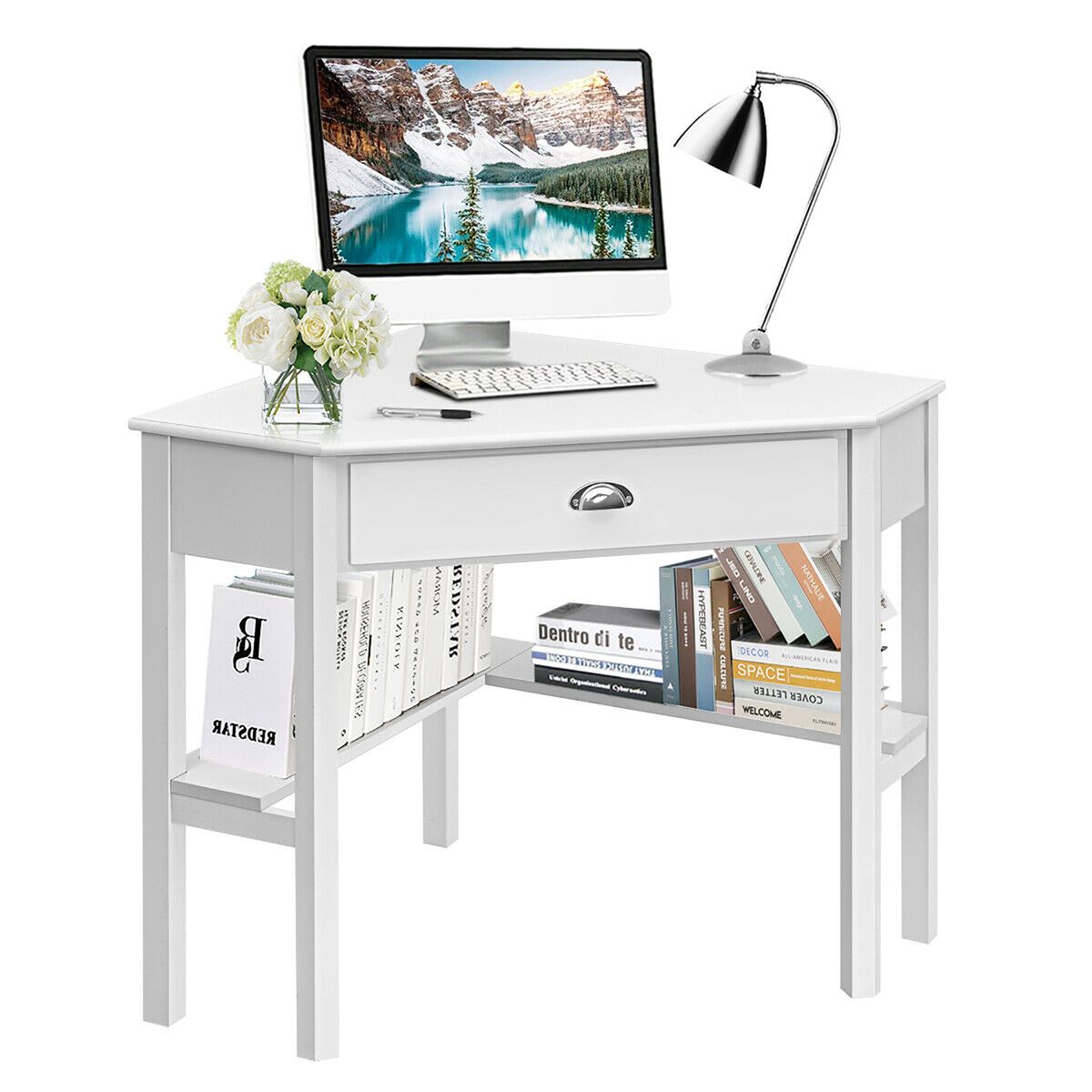Corner Computer Office Desk - Triangle Computer Desk-White