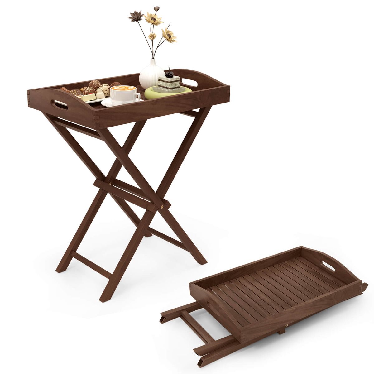 28"" Solid Teak Wood Folding Table with Removable Serving Tray - 2PCS