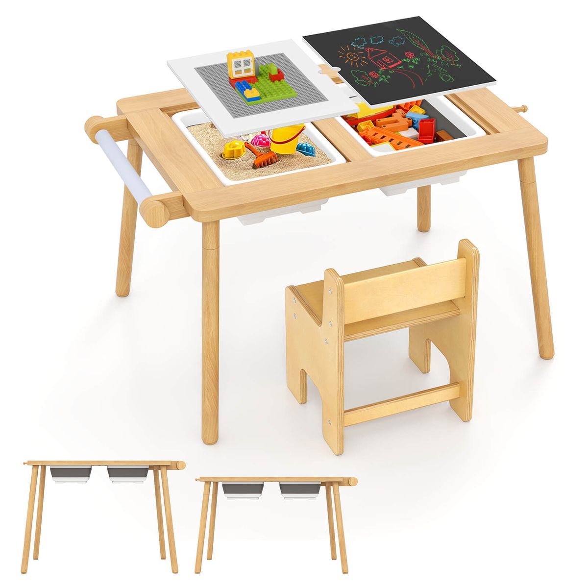 Sensory Table and Chair with Foldable Bins and Building Blocks Board - Set-Beige