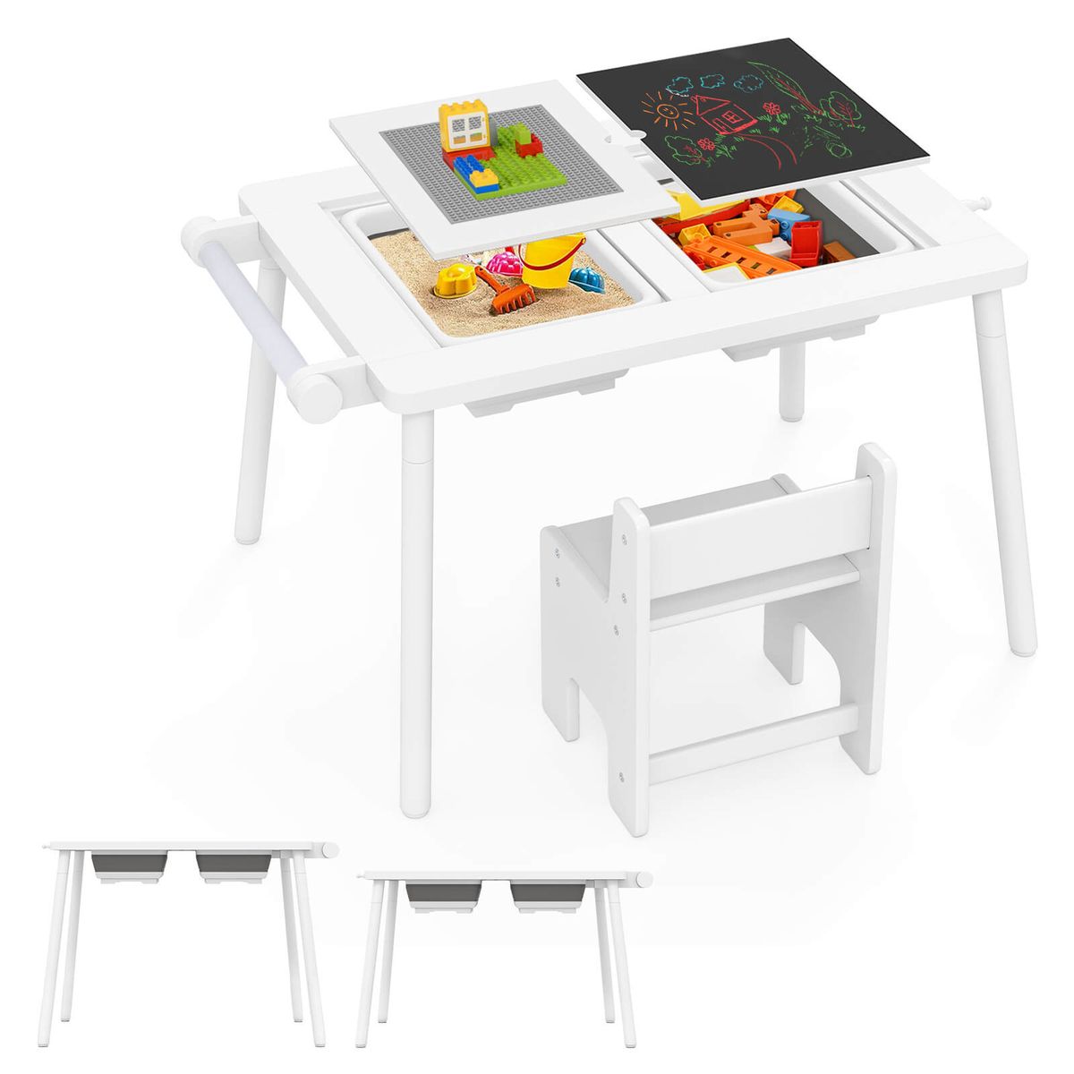 Sensory Table and Chair with Foldable Bins and Building Blocks Board - Set-White