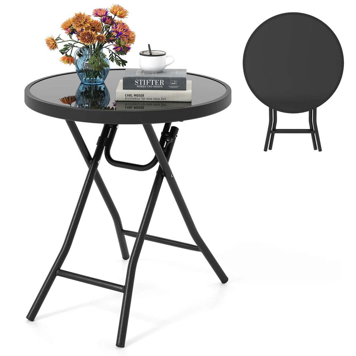 18"" Folding Round Side Table with Tempered Glass - Side Table -Black