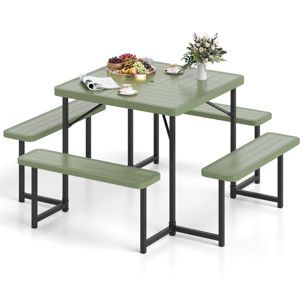 Picnic Table for 4-8 People with Umbrella Hole - Bench Set Green