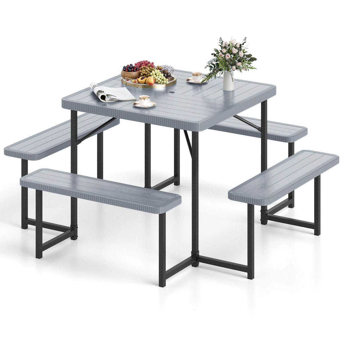 Picnic Table for 4-8 People with Umbrella Hole - Bench Set Gray