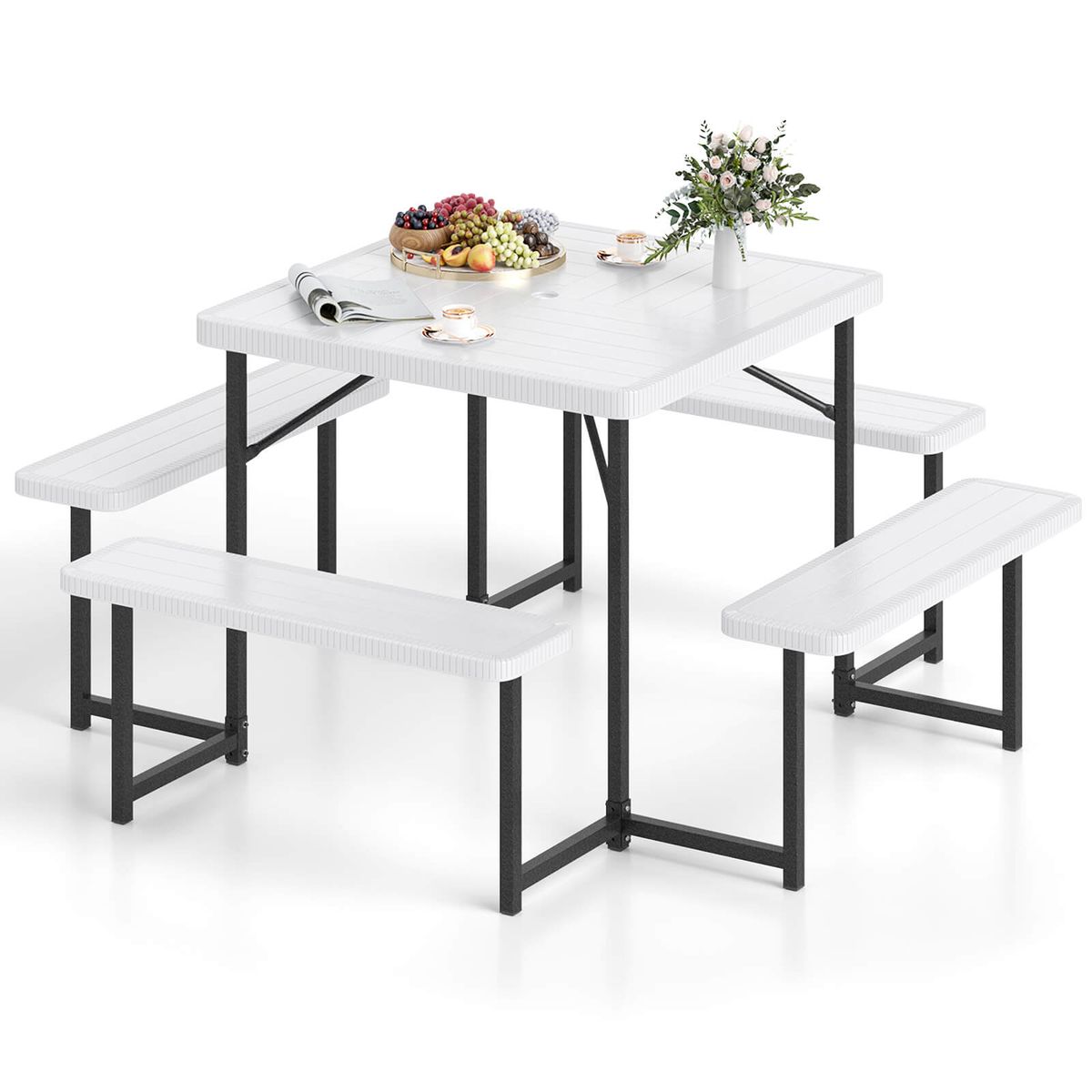 Picnic Table for 4-8 People with Umbrella Hole - Bench Set White