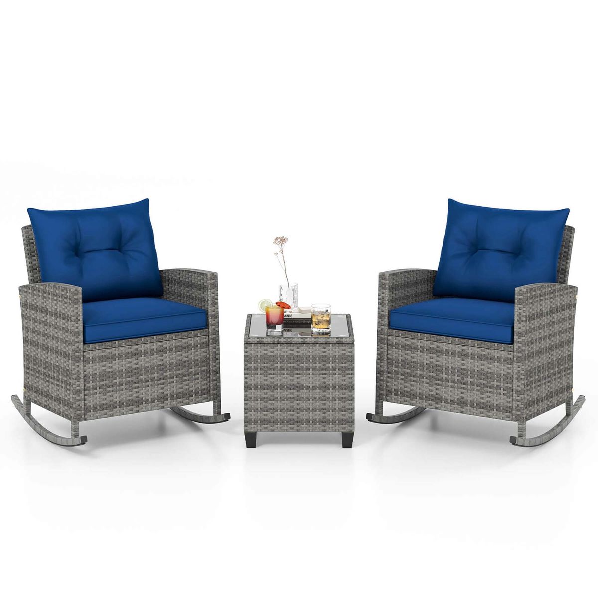 3-Piece Rattan Rocking Set with Tempered Glass Table - Navy