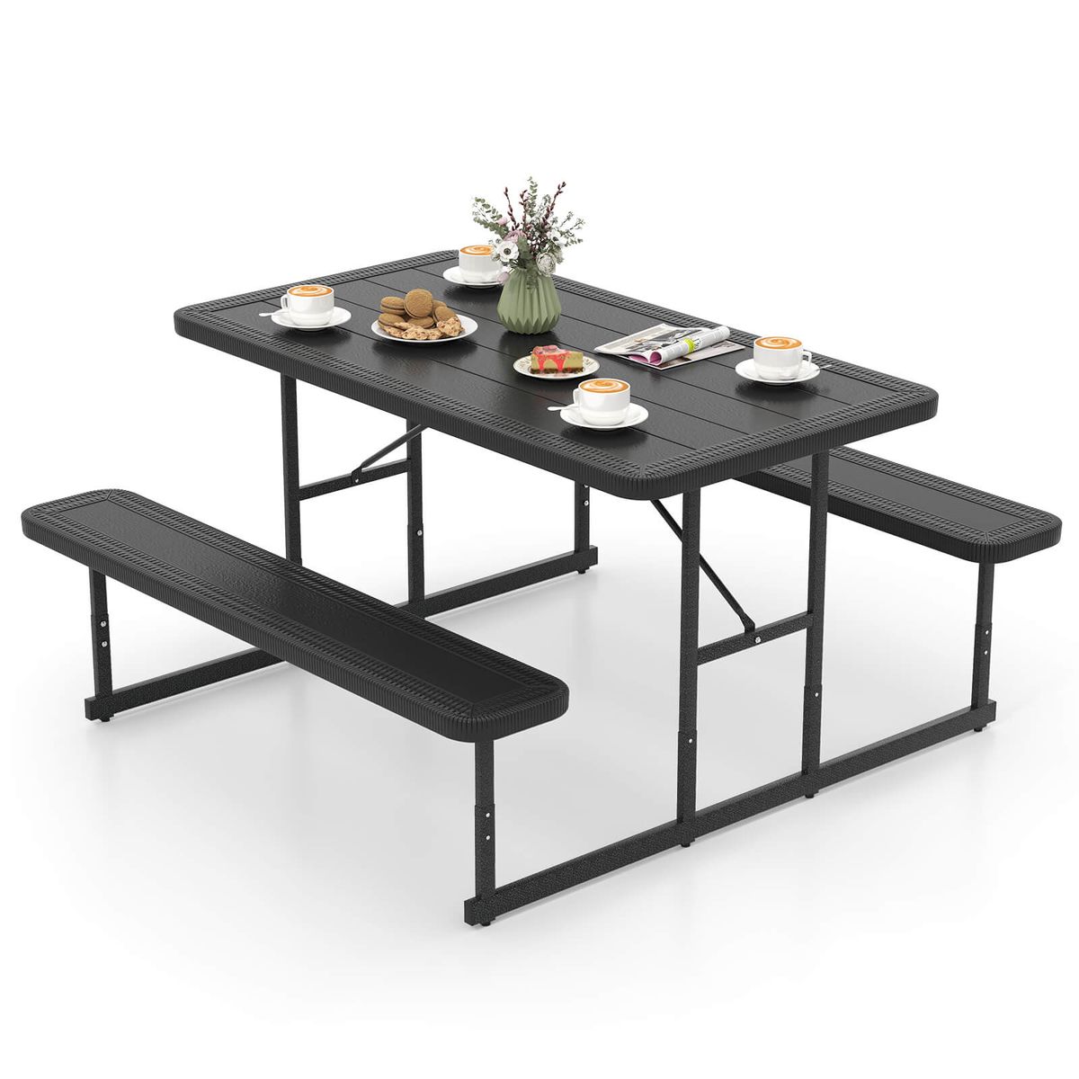 Picnic Table for 2-4 People with Adjustable Footpads and Umbrella Hole - Black