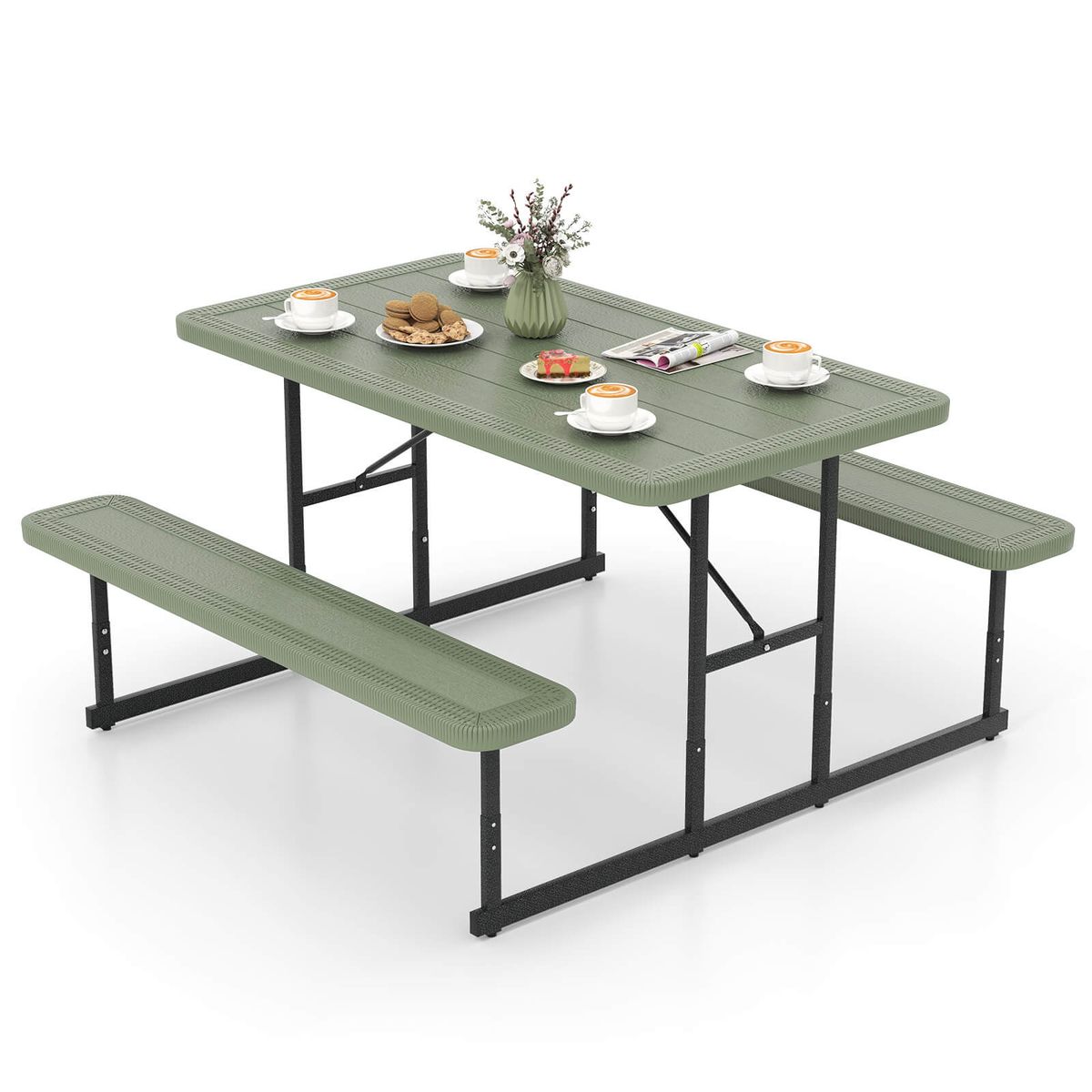 Picnic Table for 2-4 People with Adjustable Footpads and Umbrella Hole - Green