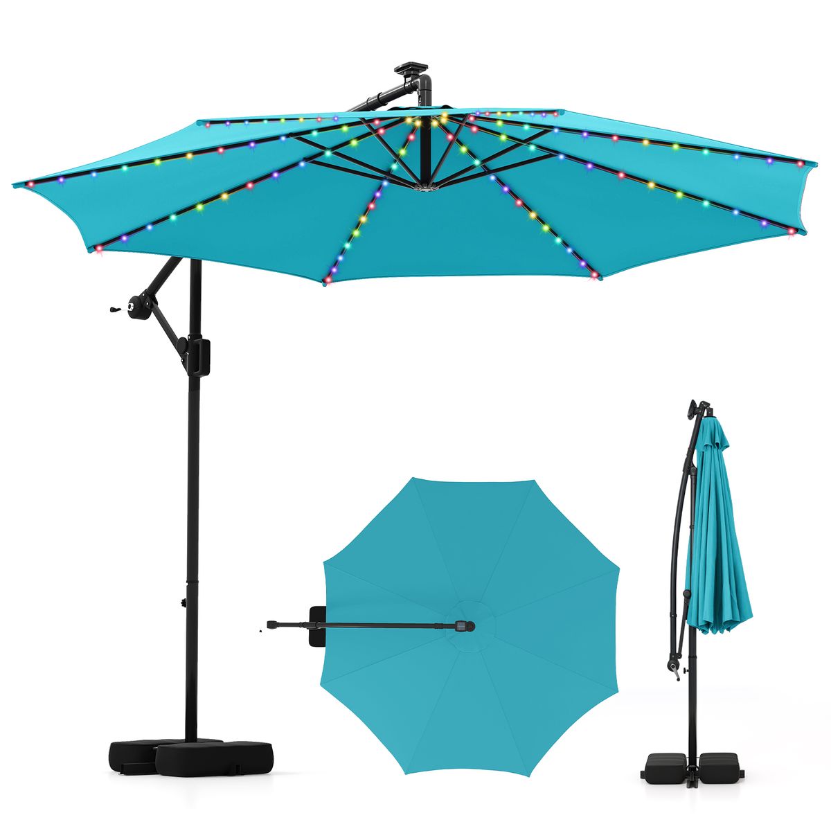 10-Foot Solar Offset Hanging Umbrella with Base - Turquoise