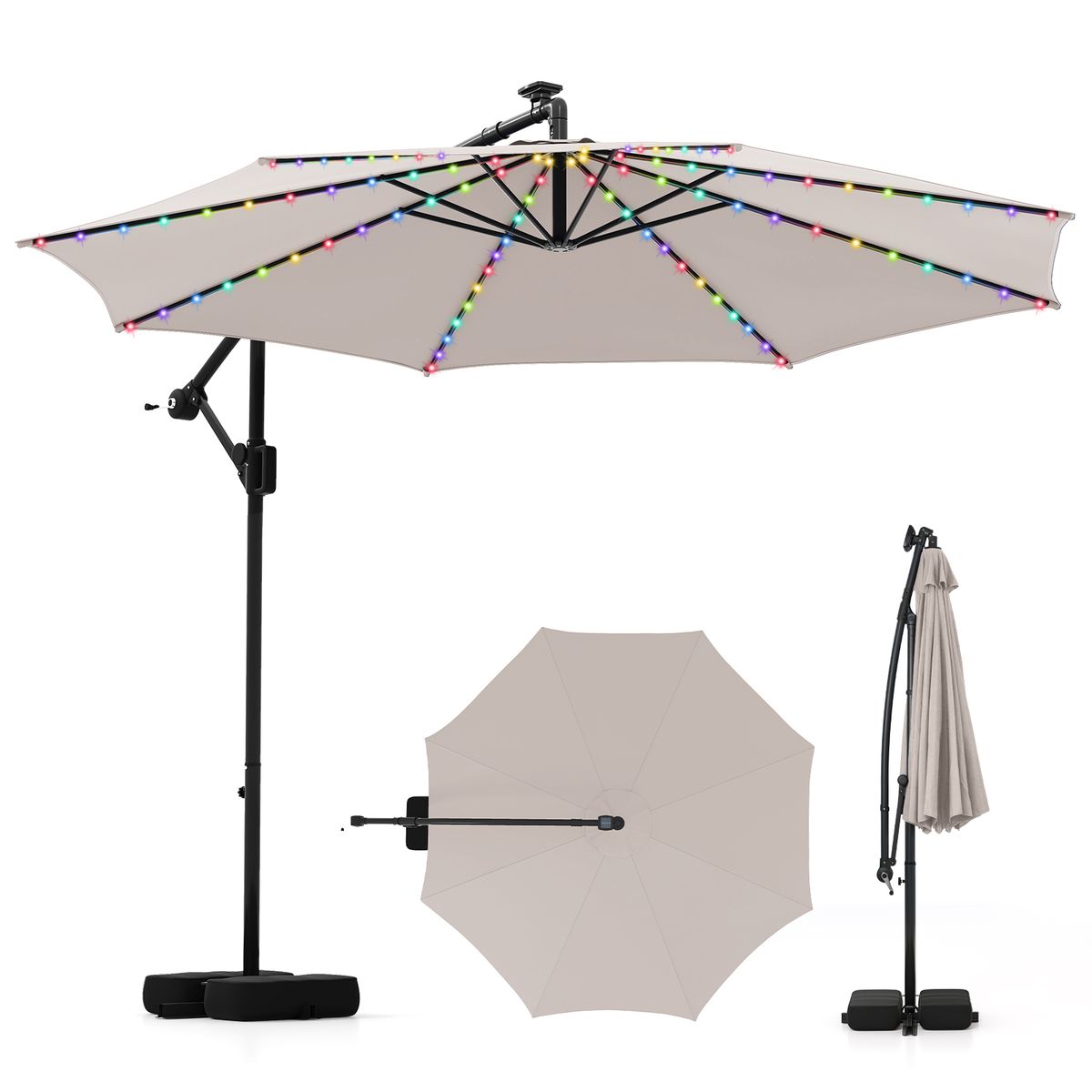 10-Foot Solar Offset Hanging Umbrella with Base - Beige