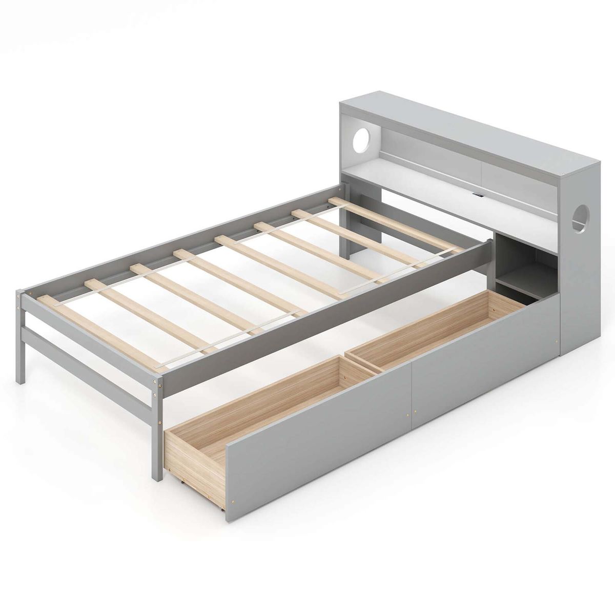 Twin Size Bed Frame with LED Light and Bookcase Headboard - Twin Size Bed Frame -Gray