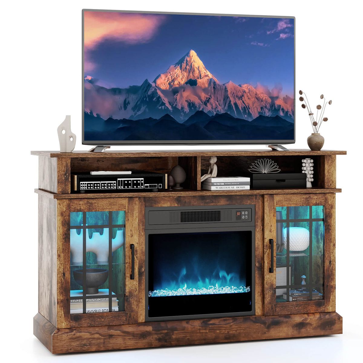 Electric Fireplace TV Stand with LED Lights and Remote - TV Stand-Brown