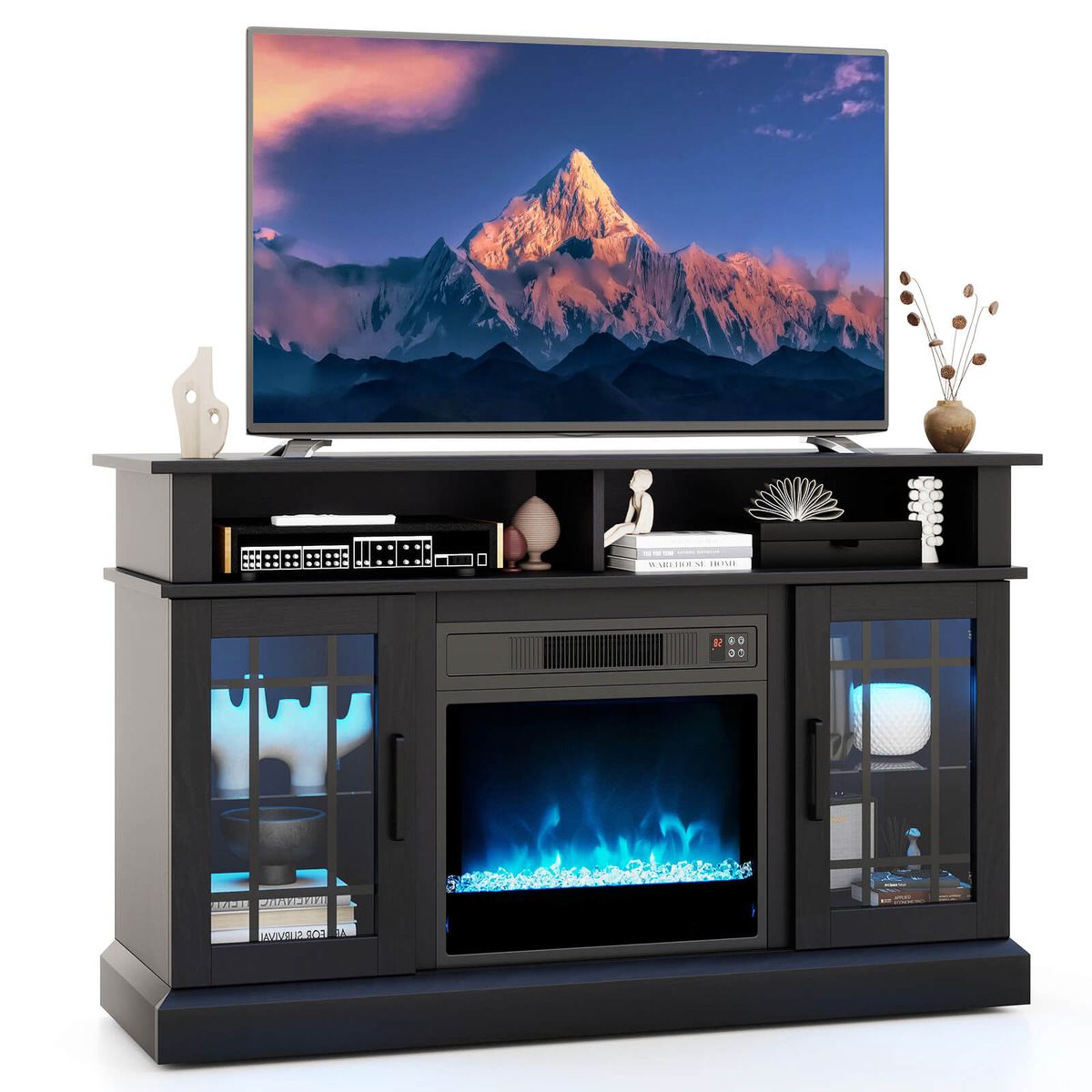 Electric Fireplace TV Stand with LED Lights and Remote - TV Stand-Black