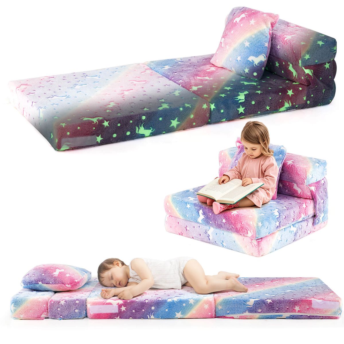 Kids' Folding Bed with Glow-in-the-Dark Design and Throw Pillow - Sofa Bed-Multicolor