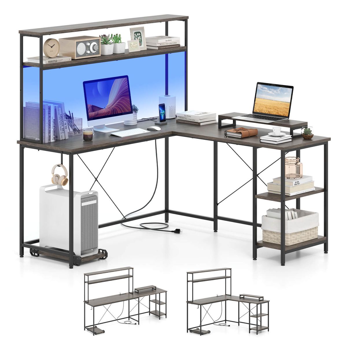 L-Shaped Gaming Desk with LED Strip - Gaming Desk-Gray