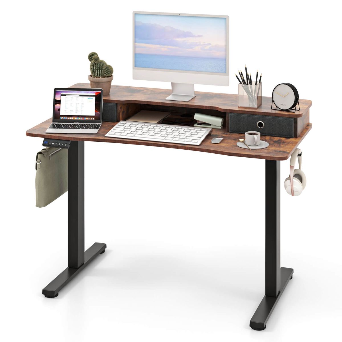 48"" x 24"" Electric Standing Desk with 2 Drawers - Electric Standing Desk-Brown