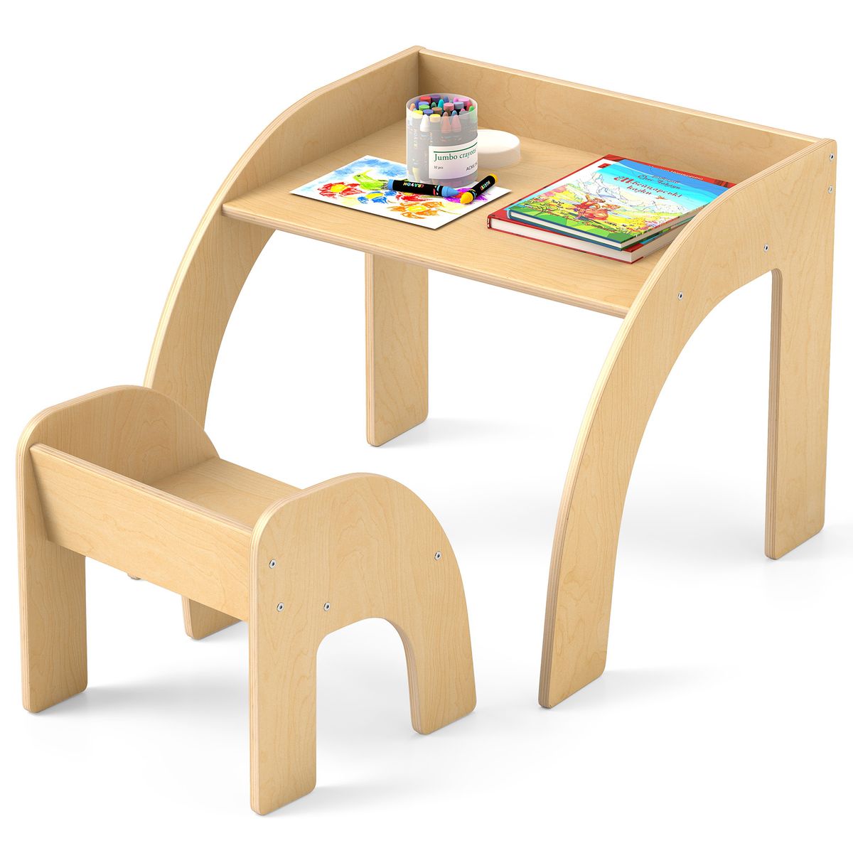 Kids' Table & Chair Set with Wide Tabletop & Curved Edges - Kids Desk -Natural