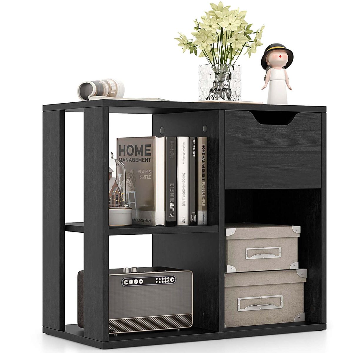 3-Cube Bookcase with 2-Tier Wooden Storage Shelf (1- or 2-Pack) - Bookcase-1- Black
